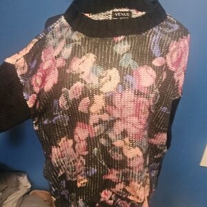 VENUS Black and Pink Floral Knit Top